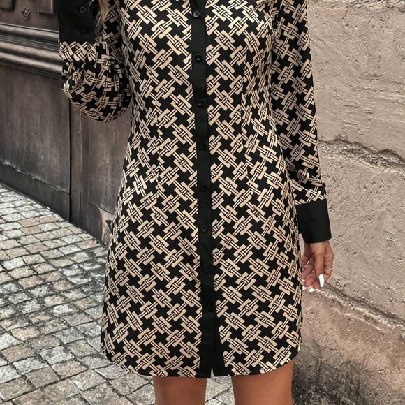 Multicolor Preppy Womens Allover Print Button Front Shirt Dress - Picture 4 of 5